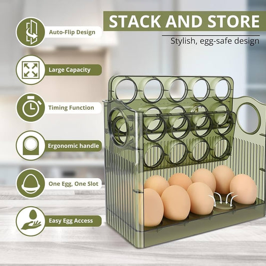 🥚Flippable Egg Rack – Stores 30 Eggs with Freshness Date Indicator